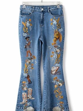 blue b. Embroidered Boot-Cut Jeans in Medium Blue Denim NWT